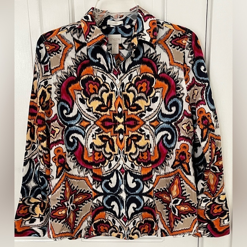 Chico's No Iron 100% Cotton Top Blouse Button Front Long Sleeve Small Abstract